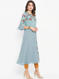 Janasya Blue Floral Embroidered Flared Sleeves Thread Work Crepe Anarkali Kurta - Distacart