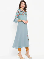 Janasya Blue Floral Embroidered Flared Sleeves Thread Work Crepe Anarkali Kurta - Distacart