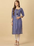 HERE&NOW Blue & White Tie-Up Neck Bandhani Printed Sequined Straight Kurta