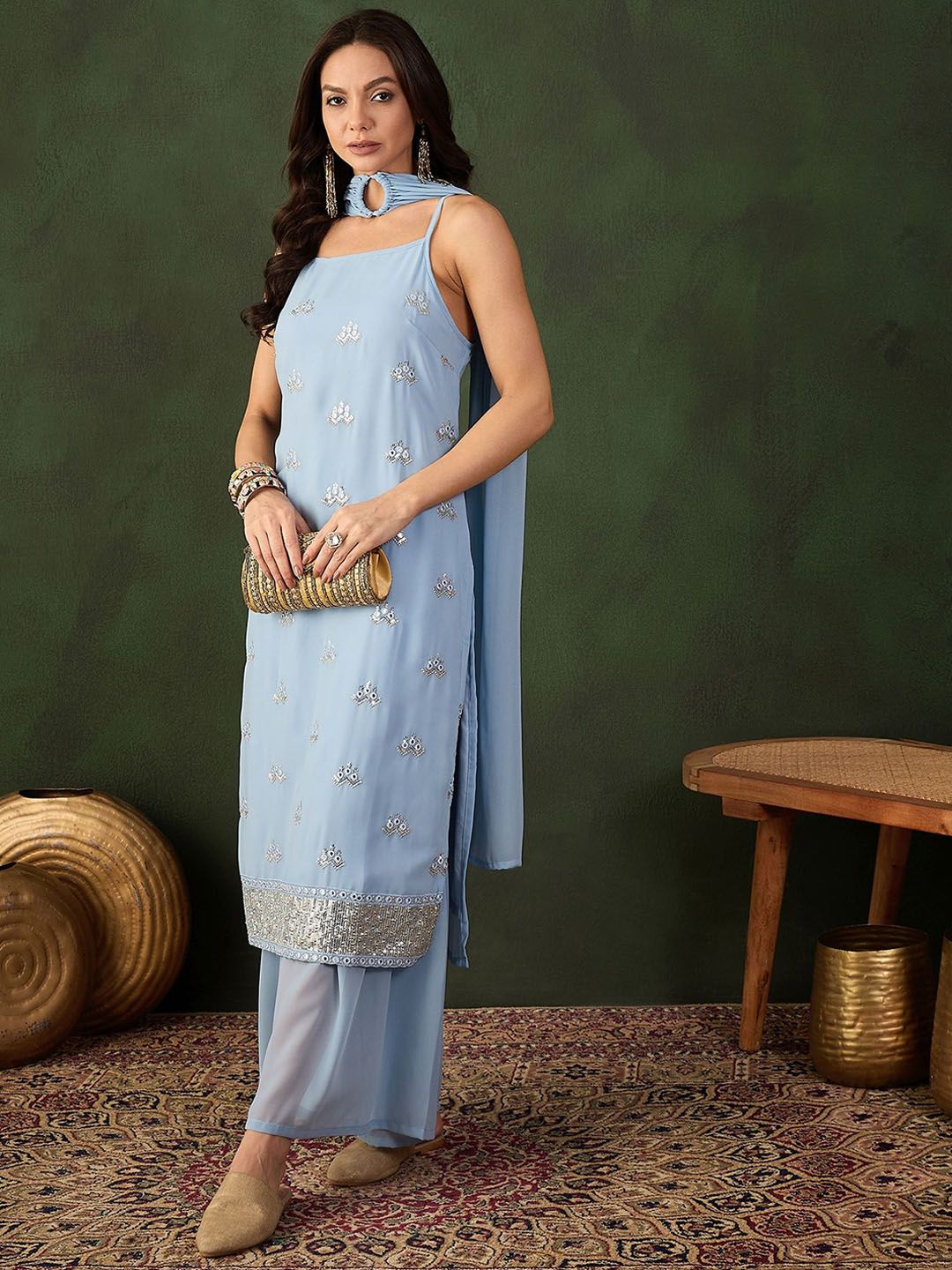 Sangria Sequined Straight Kurta & Sharara With Dupatta