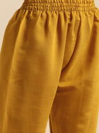 Sangria Women Mustard Yellow & Green Ethnic Motifs Embroidered Cotton Kurta Set