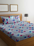 BOMBAY DYEING Marigold Blue Geometric Cotton 104 TC King Bedsheet With 2 Pillow Covers