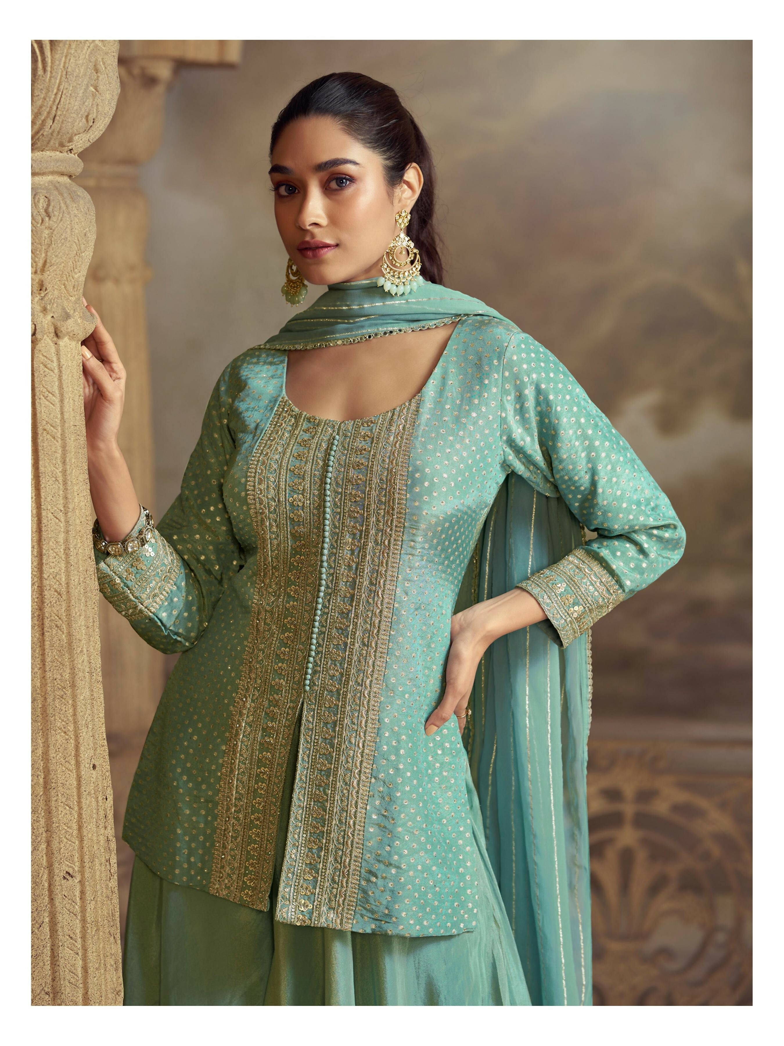Anaita Sky Blue Georgette Readymade Suit with Embroidery Work - Distacart