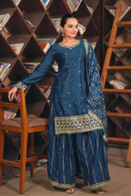 Joban Fashion Blue Silk Embroidered Sharara Set - Distacart
