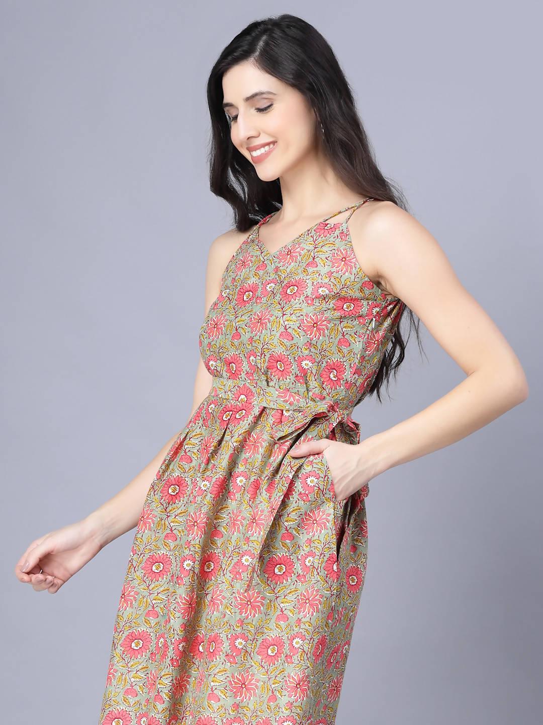 Myshka Cotton Printed Sleeveless Shoulder Straps Multicolor Women Dress - Distacart