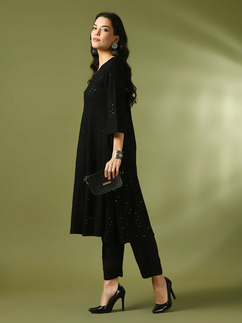 Myshka Women's Black Embroidered Cotton A-Line Party Kurta Set