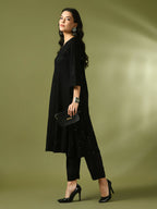 Myshka Women's Black Embroidered Cotton A-Line Party Kurta Set