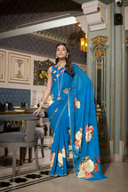 Vastranavya Firozi Spectacular Georgette Printed with Pearl Lace Saree with Unstitched Blouse - Distacart