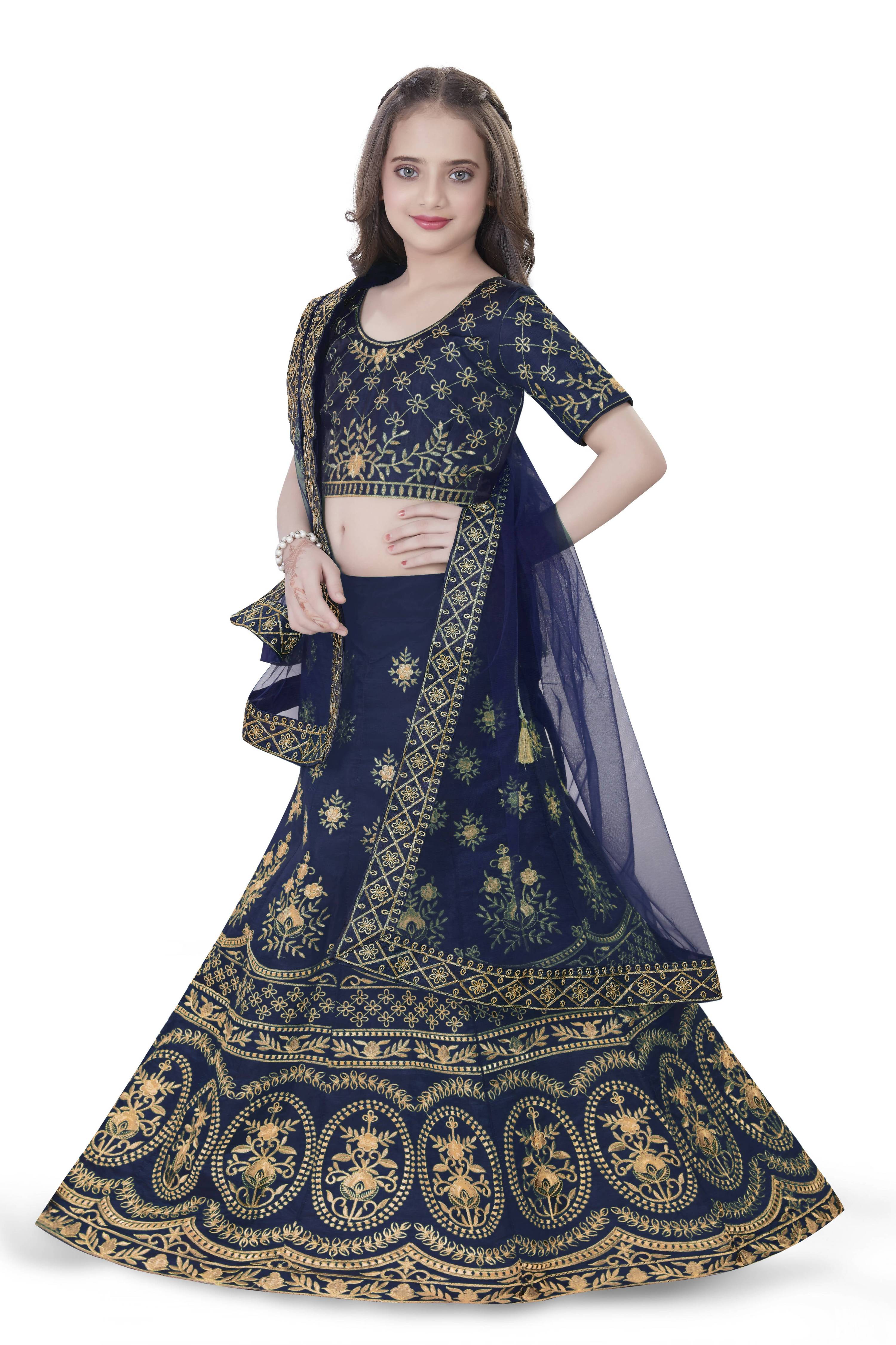 Dwiden Navy Blue Lehriyu Tafetta Sattin Semi-Stitched Girl's Lehenga Choli