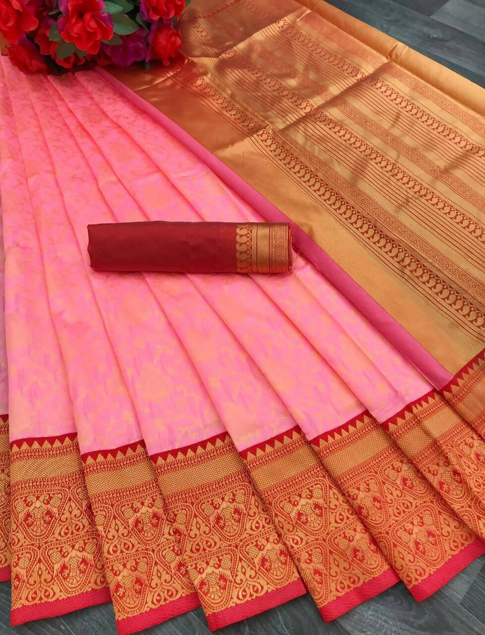 DEIANA'S Beautiful Designer Golden zari Soft Lichi Silk Saree - Peach