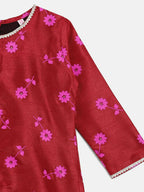 Ahalyaa Red Poly Silk Straight Printed Kids Kurta Palazzo Set For Girls