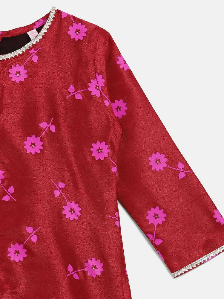 Ahalyaa Red Poly Silk Straight Printed Kids Kurta Palazzo Set For Girls