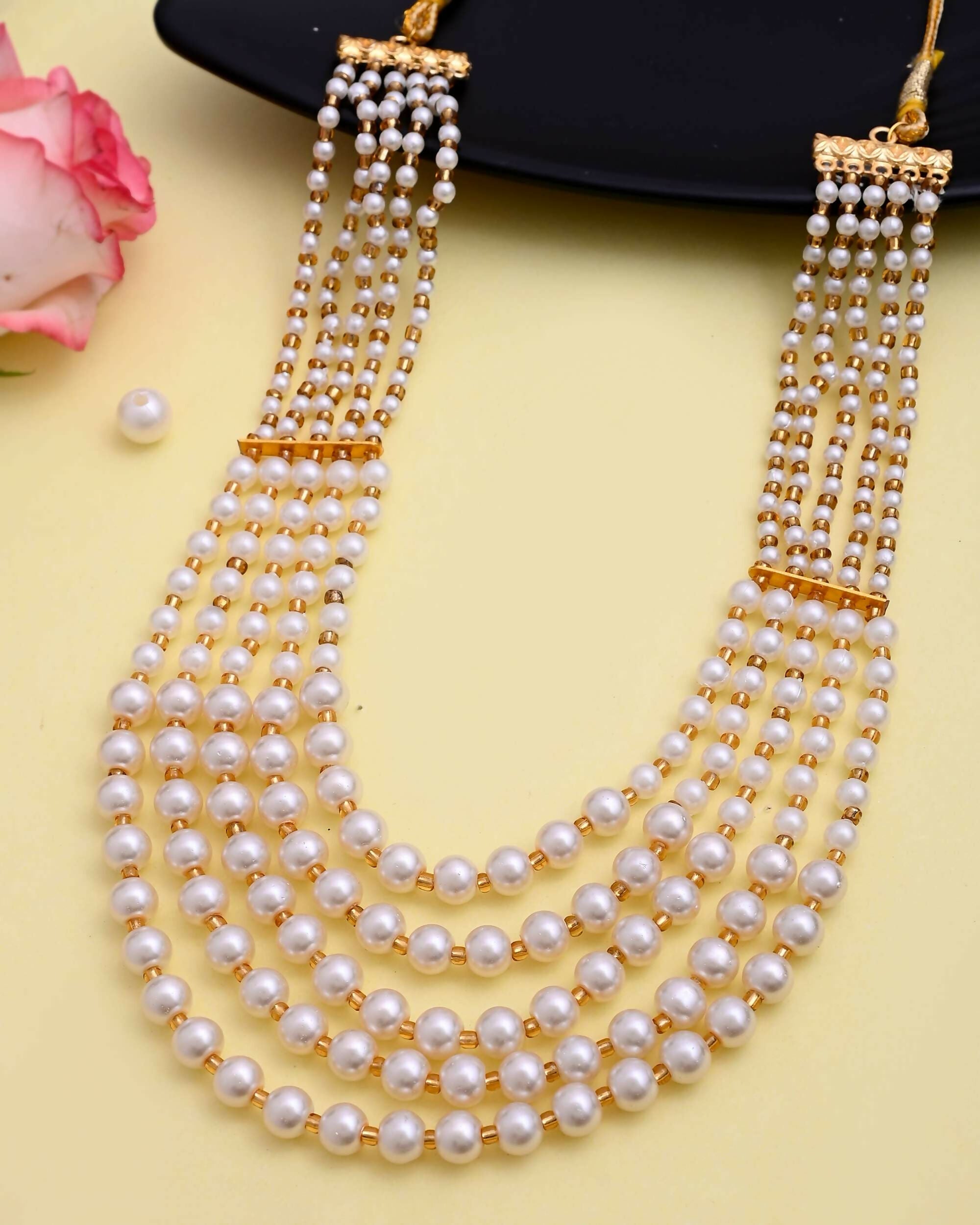 VOJ Gold-Polished Multi Layered Pearl Maharani Necklace