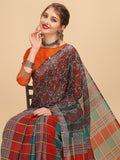 Sangria Grey & Red Beads and Stones Pure Linen Saree - Distacart