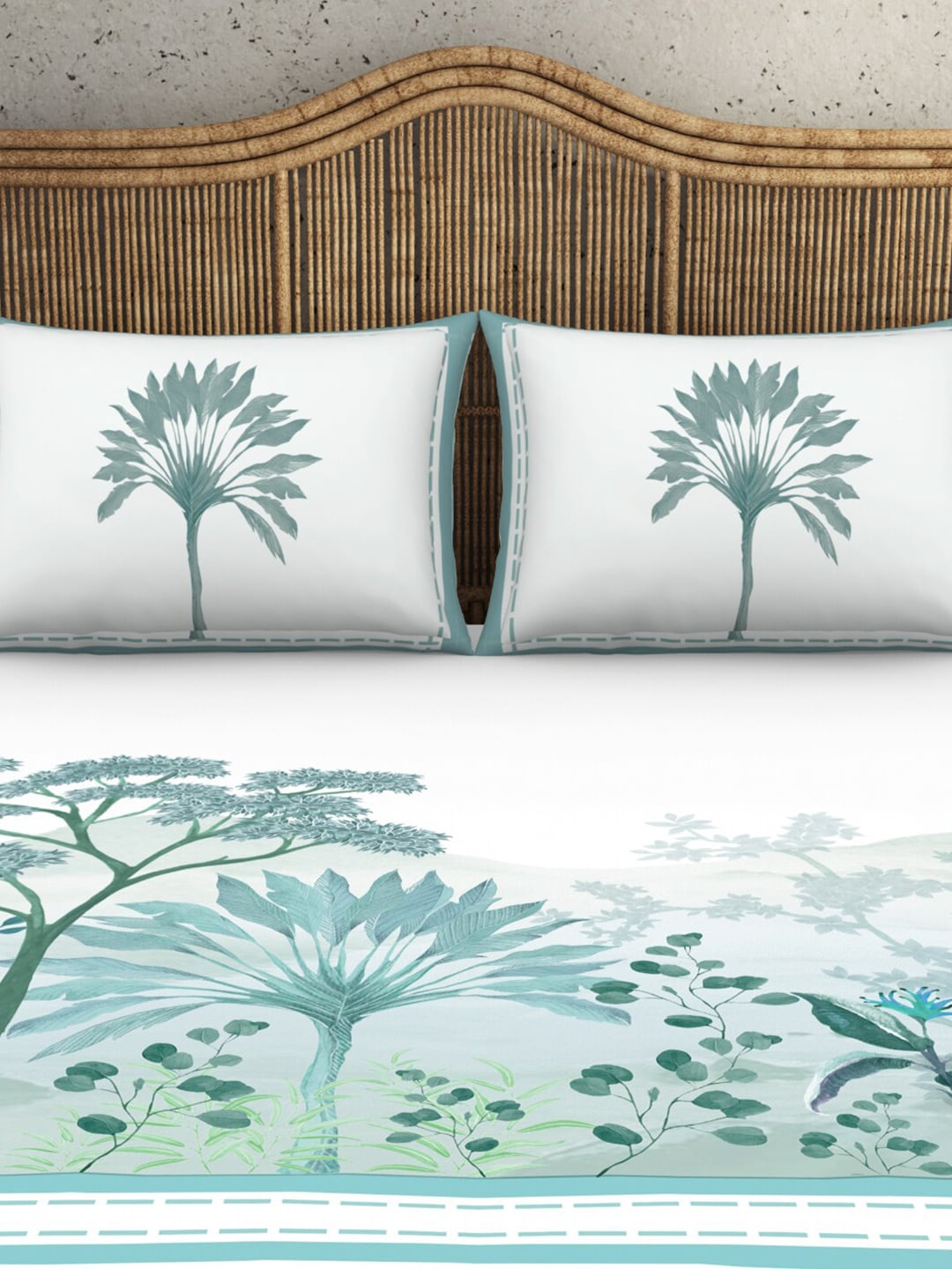 SPACES Kalakari Haath Teal Green Print Pure Cotton 210 TC King Bedsheet & 2 Pillow Covers