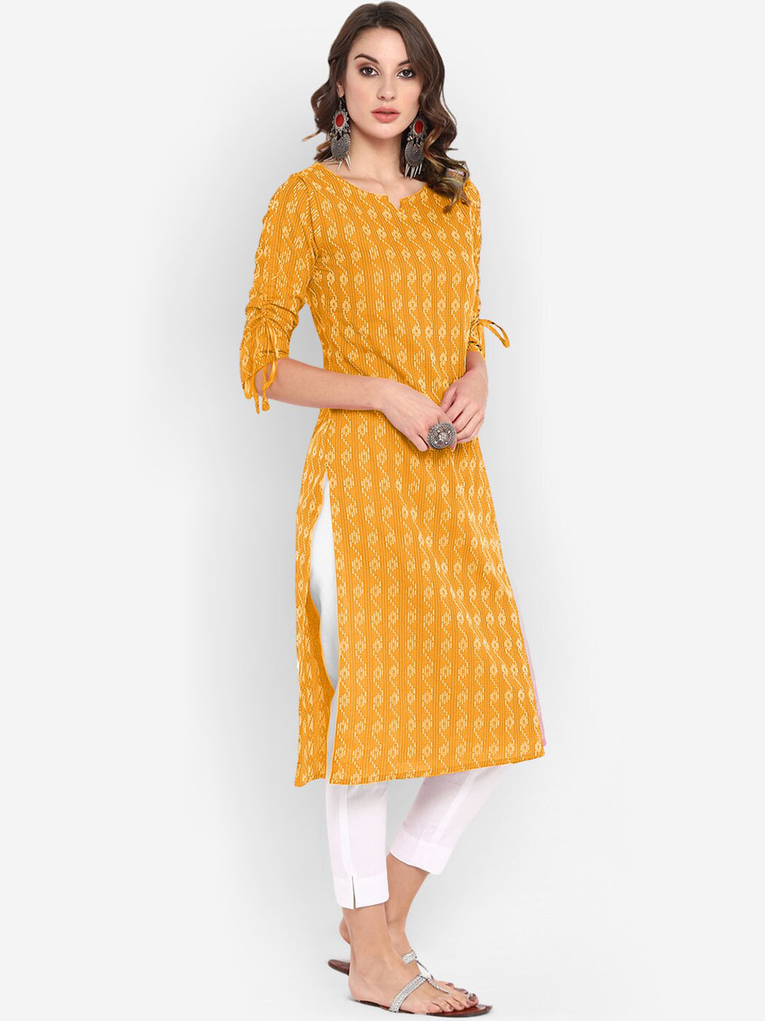 Janasya Yellow & Off-White Woven Design Straight Kurta - Distacart