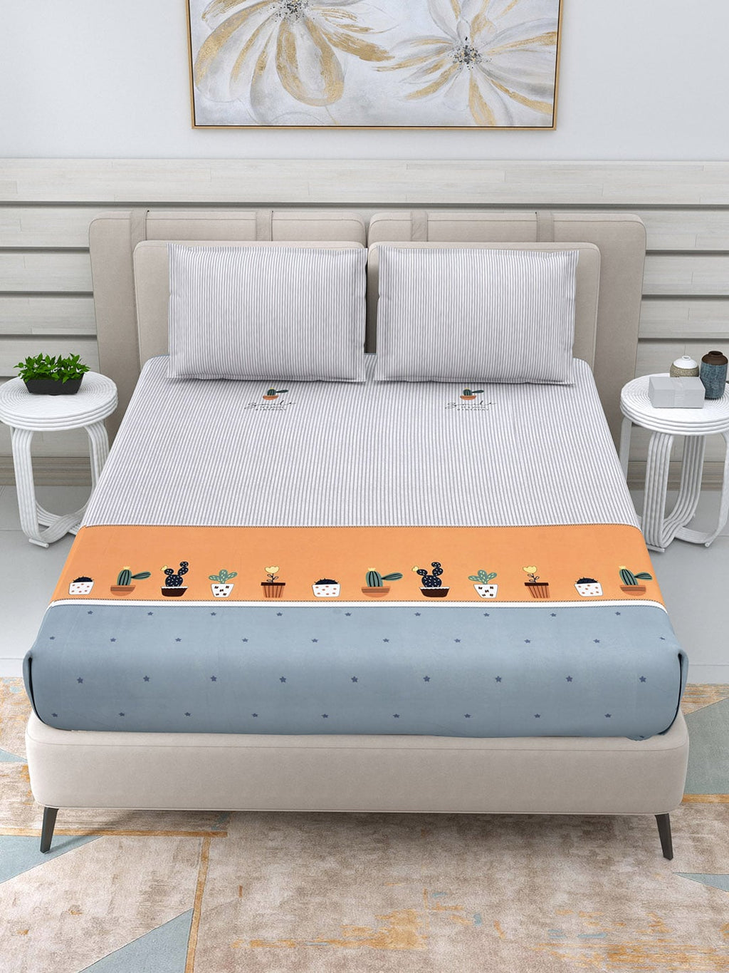 DREAM WEAVERZ White & Peach-Coloured Striped Glazed Cotton 220 TC King Bedsheet with 2 Pillow Covers