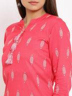 HERE&NOW Pink Mandarin Collar Ethnic Motifs Printed Pure Cotton Kurta