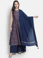 Janasya Blue Printed Kurta with Palazzos & Dupatta - Distacart