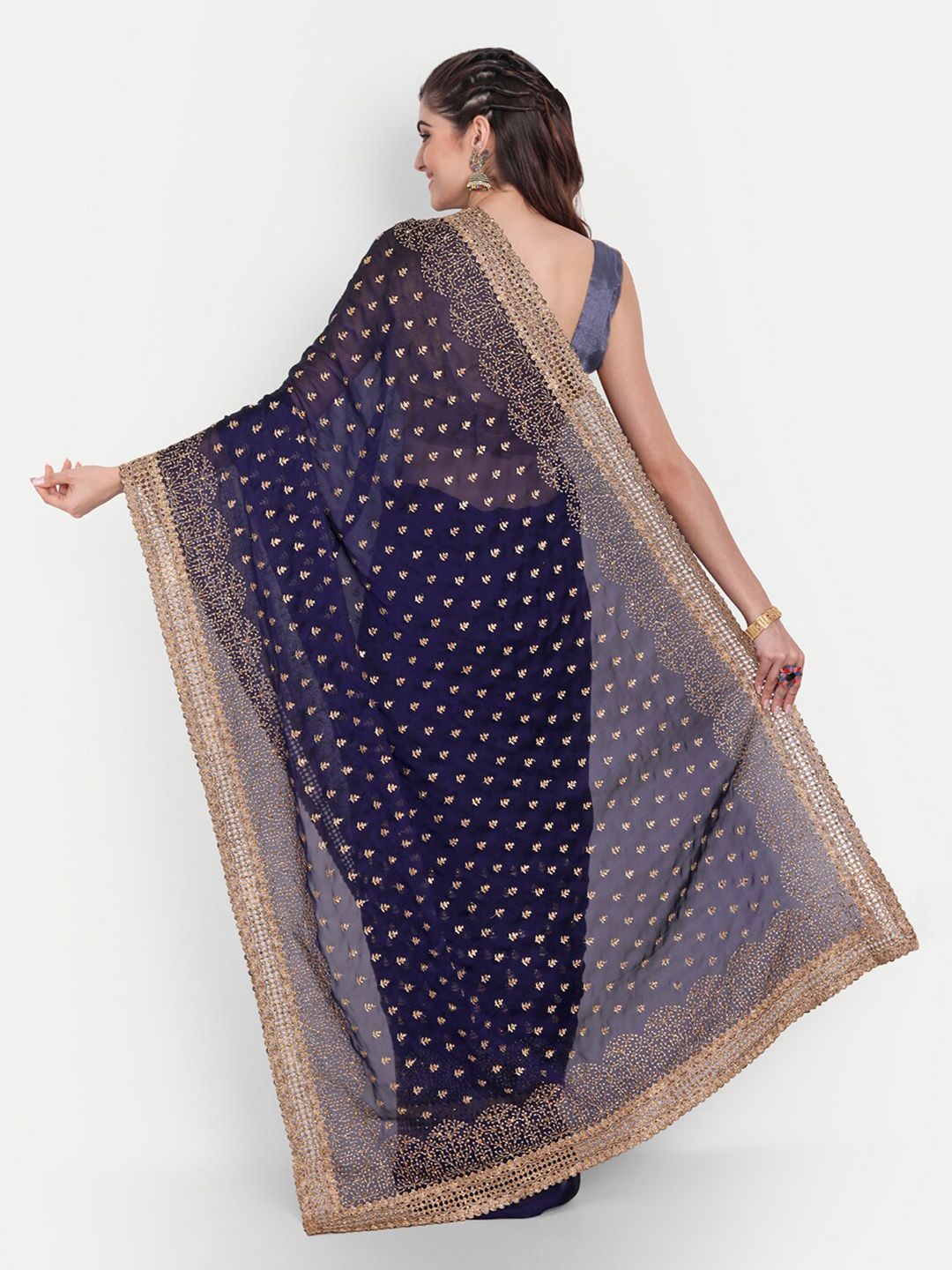 kasee Women Blue & Gold-Toned Floral Embroidered Art Silk Saree