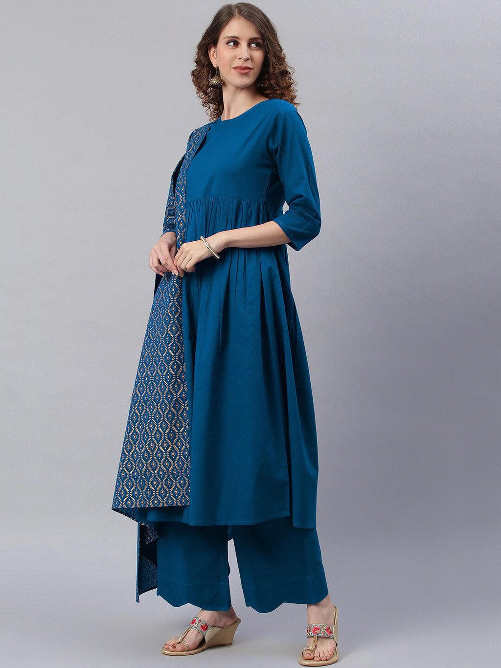 Janasya Blue Printed Pure Cotton Anarkali Kurta & Palazzos With Dupatta - Distacart