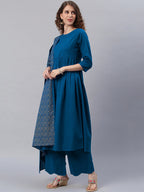 Janasya Blue Printed Pure Cotton Anarkali Kurta & Palazzos With Dupatta - Distacart