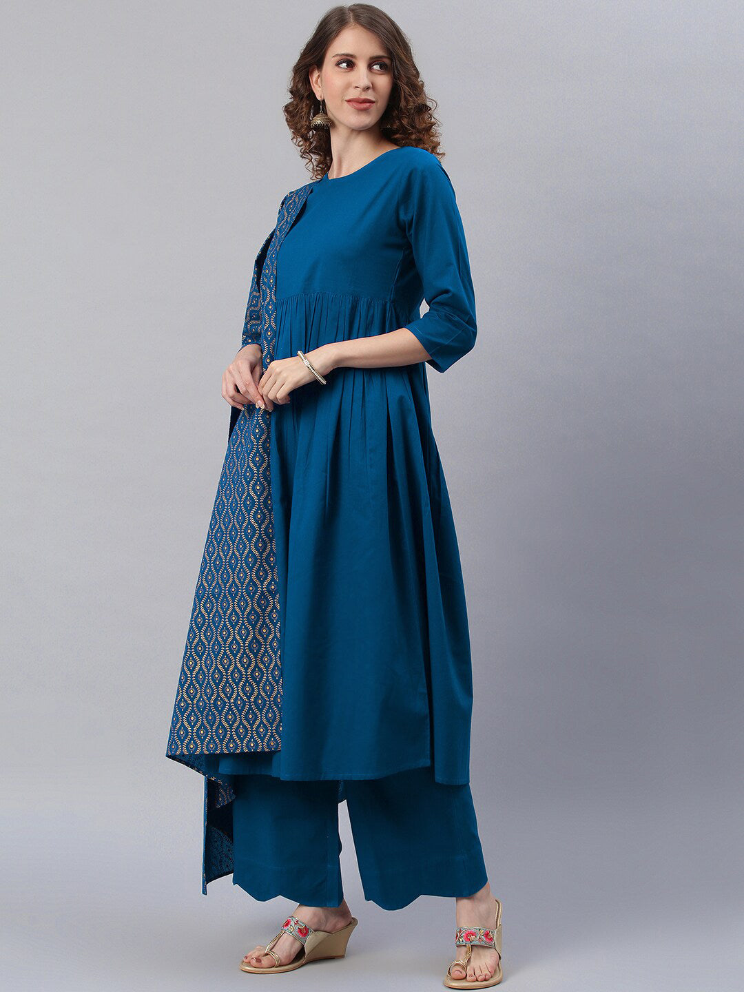 Janasya Blue Printed Pure Cotton Anarkali Kurta & Palazzos With Dupatta - Distacart