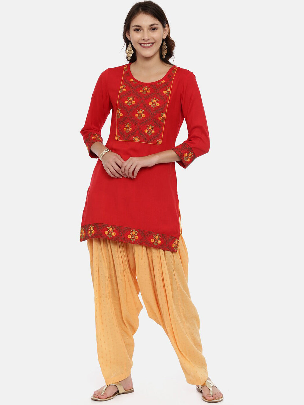 Souchii Women Red & Yellow Floral Yoke Design Kurta - Distacart