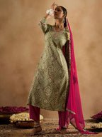 Indo Era Bandhani Printed Pure Cotton Kurta With Trousers & Dupatta - Distacart