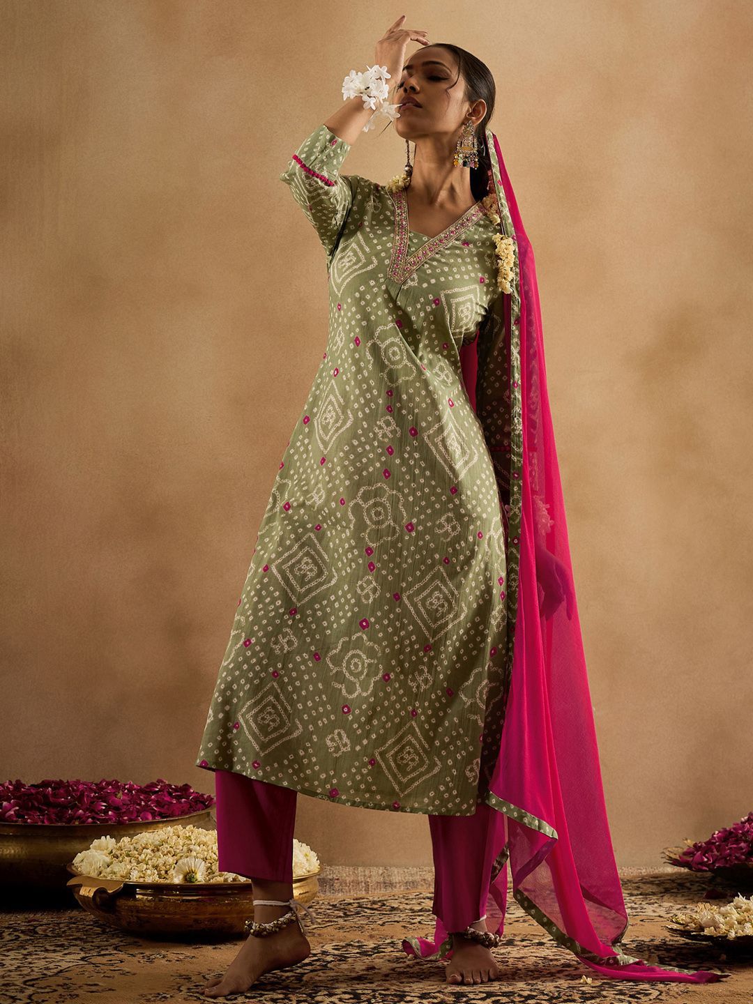 Indo Era Bandhani Printed Pure Cotton Kurta With Trousers & Dupatta - Distacart