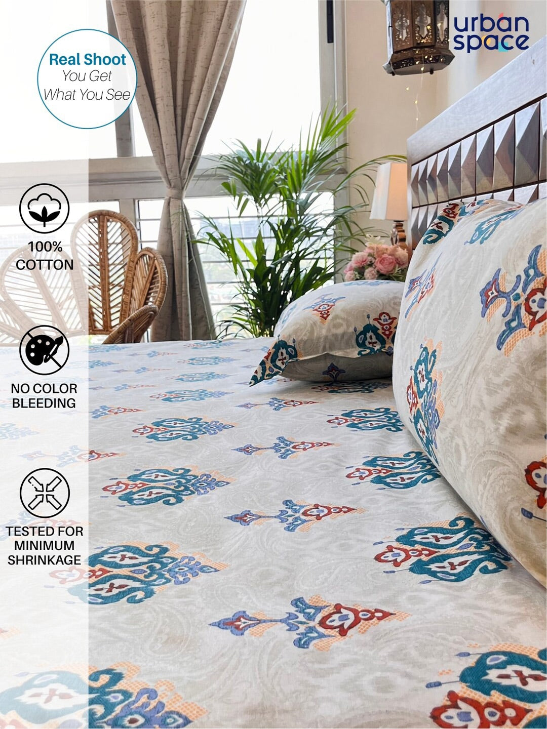 URBAN SPACE Divine White Ethnic Motifs 144 TC Cotton Queen Bedsheet & 2 Pillow Covers