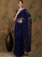 Sangria Navy Blue Floral Embroidered Net Saree - Distacart