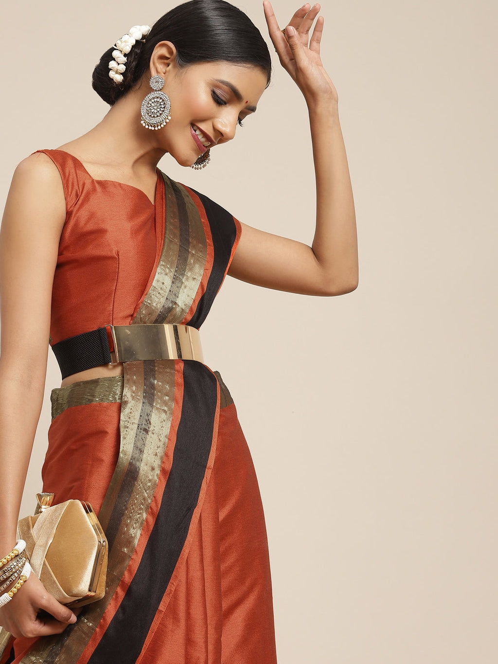 Saree Mall Rust & Gold-Toned Woven Design Silk Blend Uppada Sarees