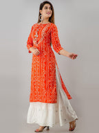 HERE&NOW Orange Tie Up Neck Bandhani Printed Gotta Patti Kurta