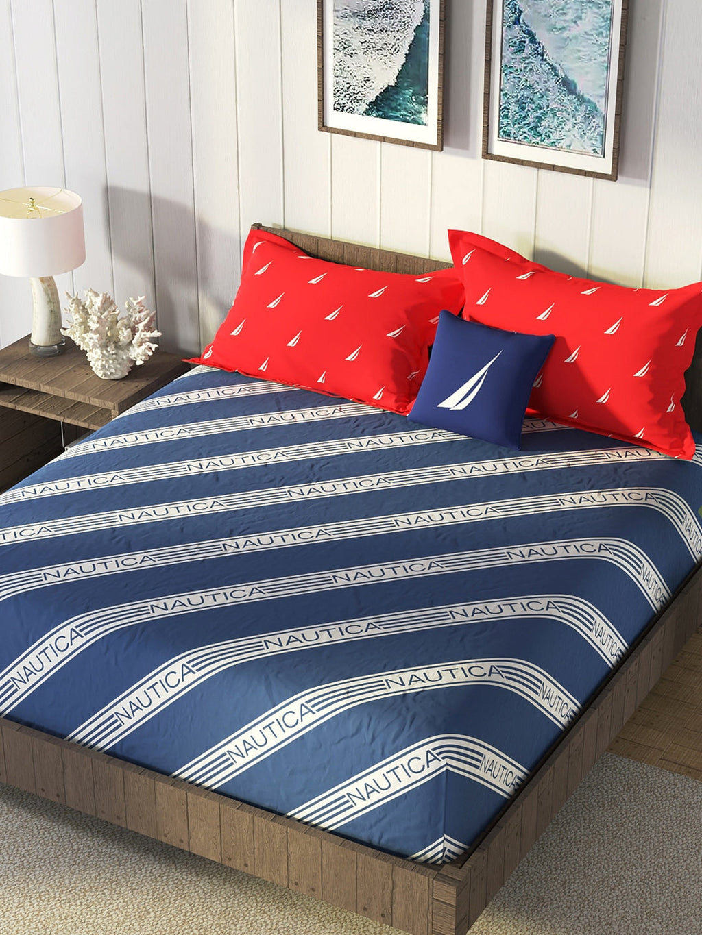 Nautica Blue & Red Striped Cotton 160 TC King Bedsheet With 2 Pillow Covers