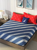Nautica Blue & Red Striped Cotton 160 TC King Bedsheet With 2 Pillow Covers