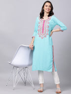 Souchii Women Blue & Pink Embroidered Round Neck Straight Kurta - Distacart