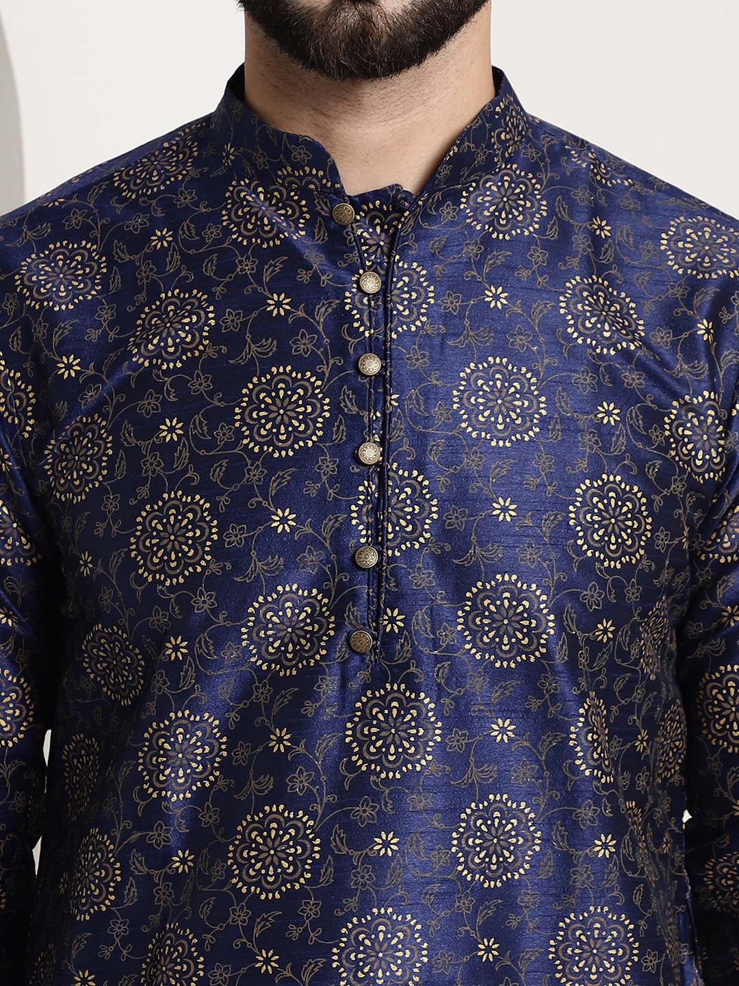 Sojanya Men Navy Blue & Golden Ethnic Motifs Printed Indigo Kurta
