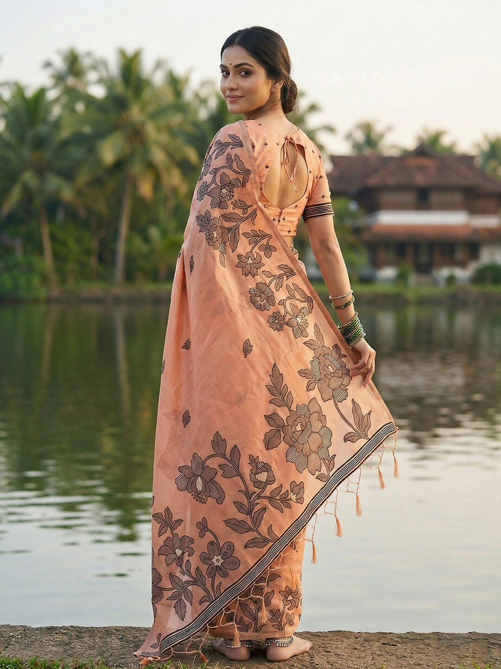 Shree Shyam Fashion Orange Linen Cotton Saree - Distacart