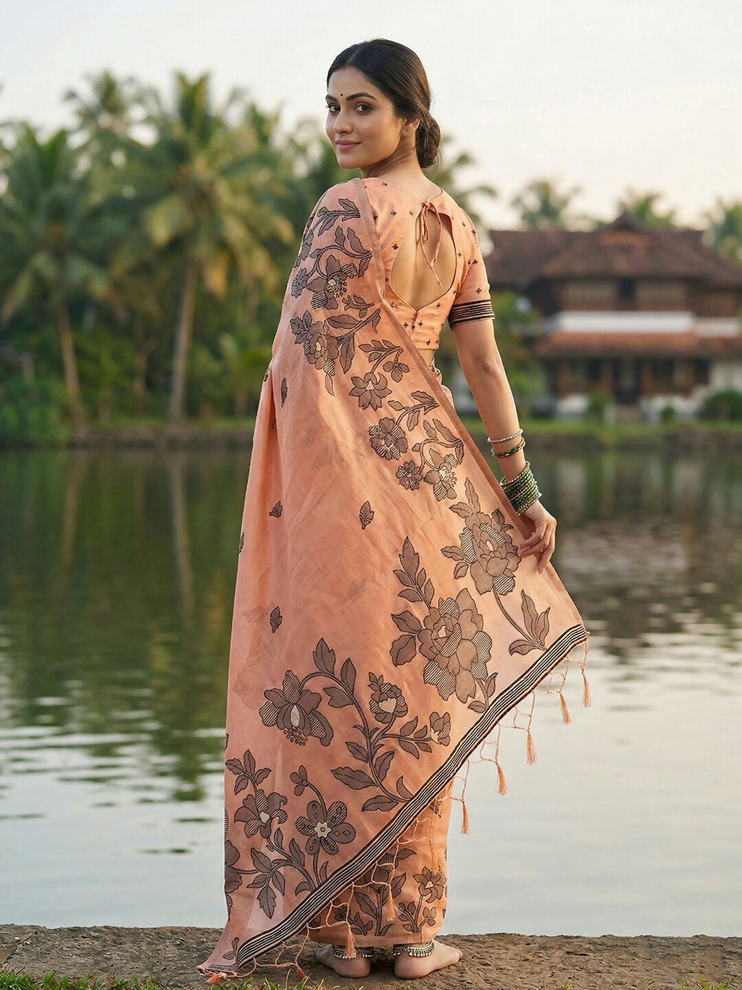 Shree Shyam Fashion Orange Linen Cotton Saree - Distacart