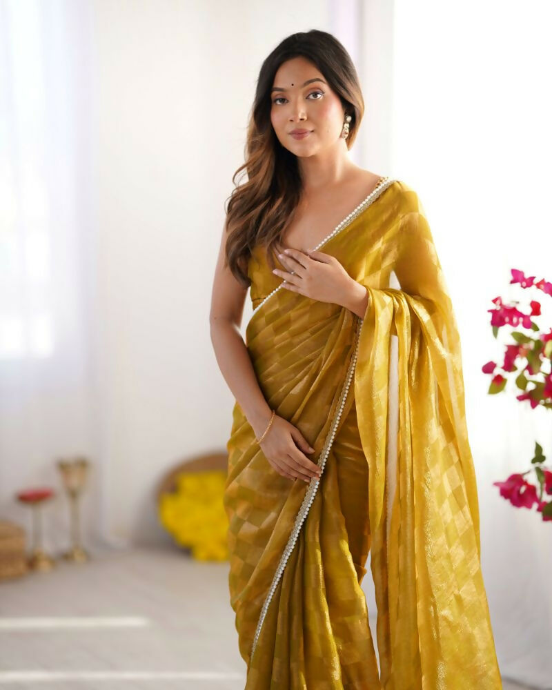 NC Chiffon Chex Wevon Chex Designer, Lace Party Wear Saree - Mustard