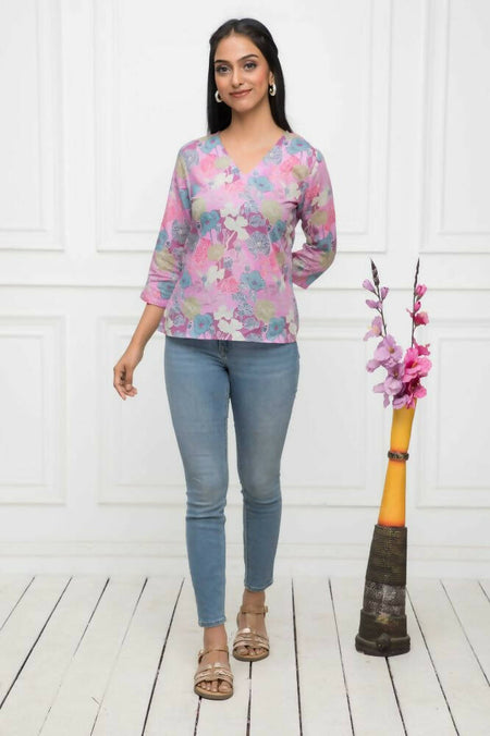 Myshka Women Multi Floral V-Neck Regular Sleeves Viscose Rayon Top