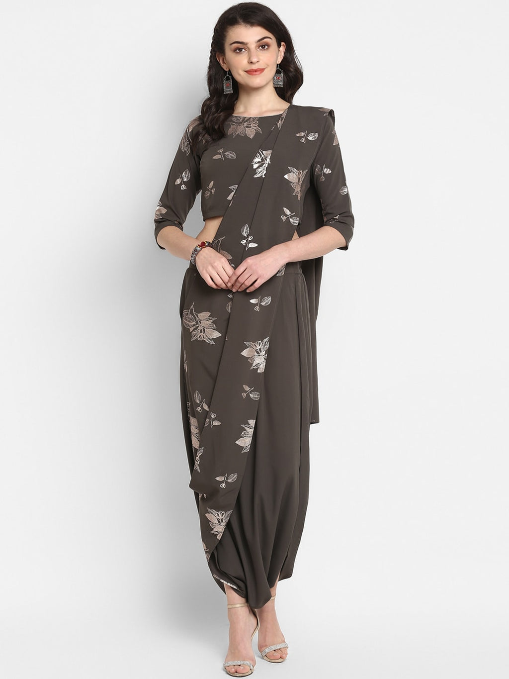 Janasya Grey & Silver Floral Print Top with Dhoti Pants & Dupatta - Distacart