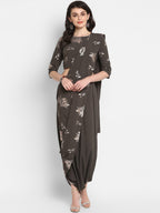 Janasya Grey & Silver Floral Print Top with Dhoti Pants & Dupatta - Distacart