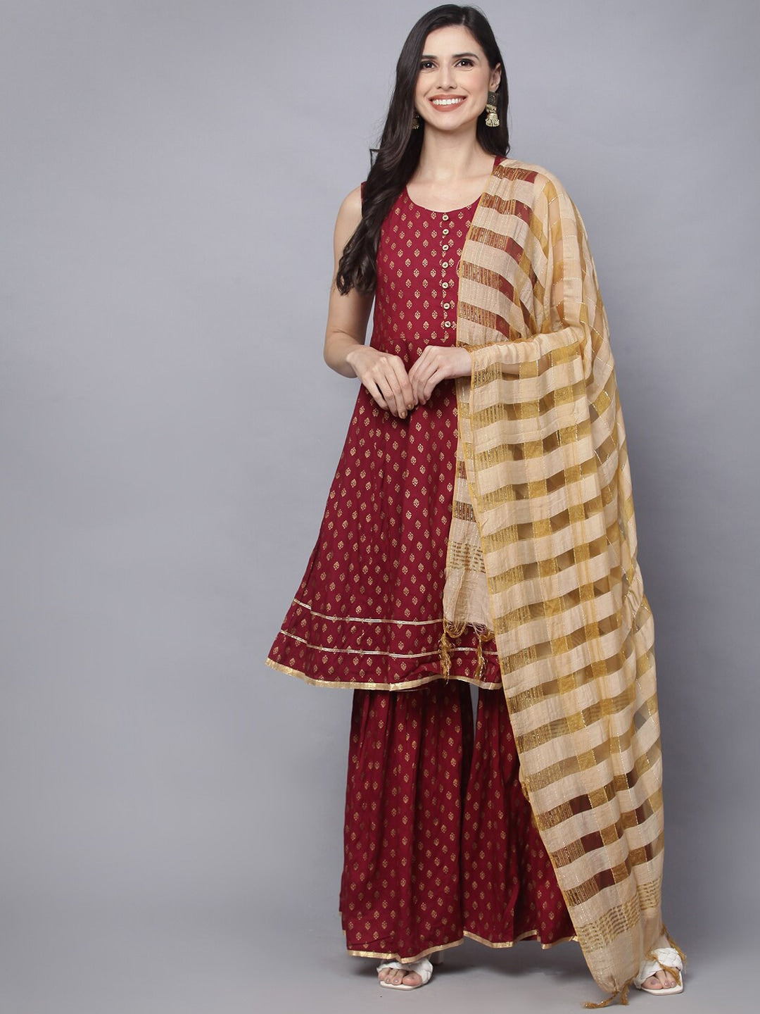 HERE&NOW Women Maroon Ethnic Motifs Printed Kurta with Palazzos & With Dupatta