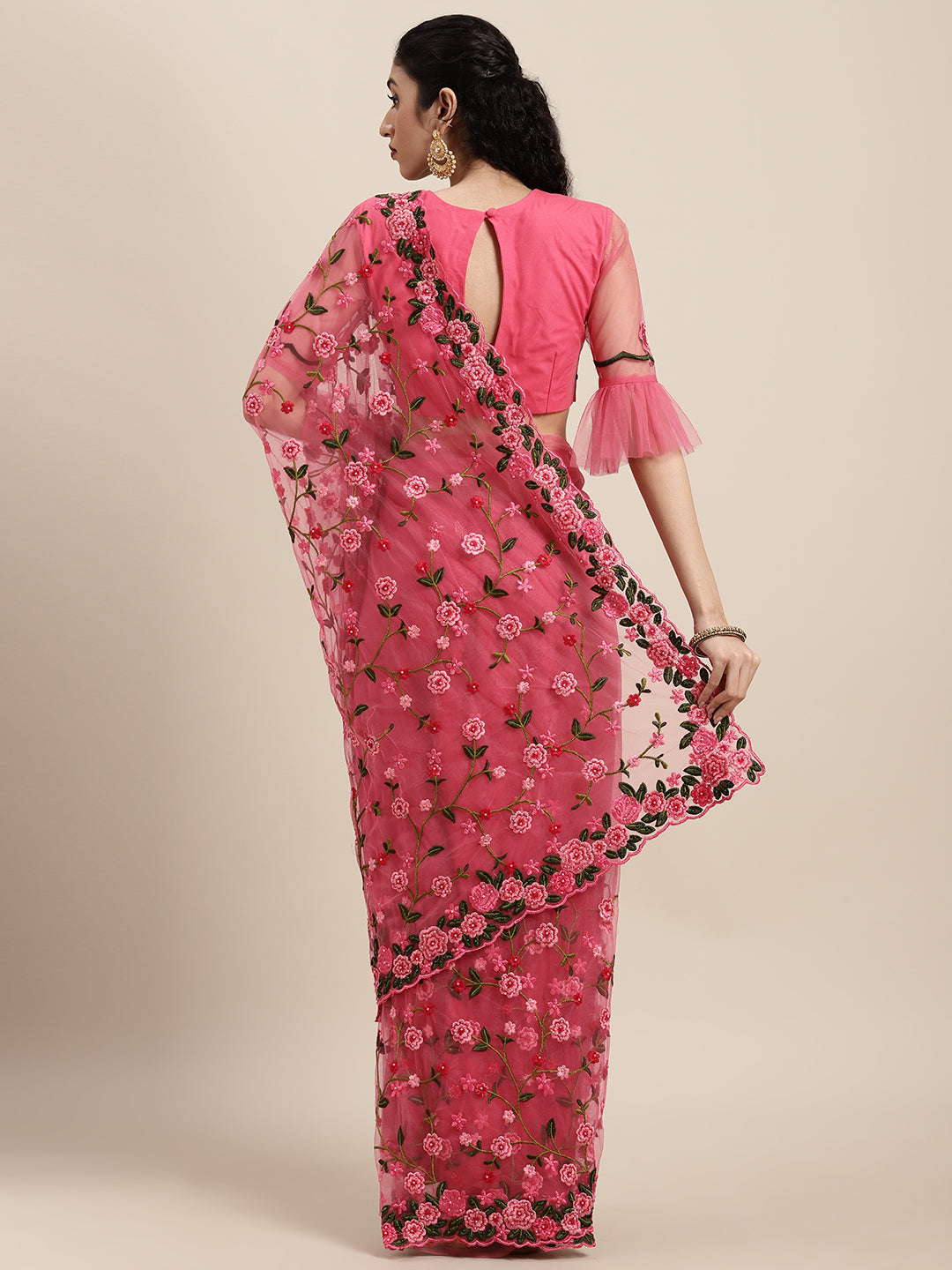 Tikhi Imli Pink & Green Beads and Stones Net Heavy Work Saree - Distacart