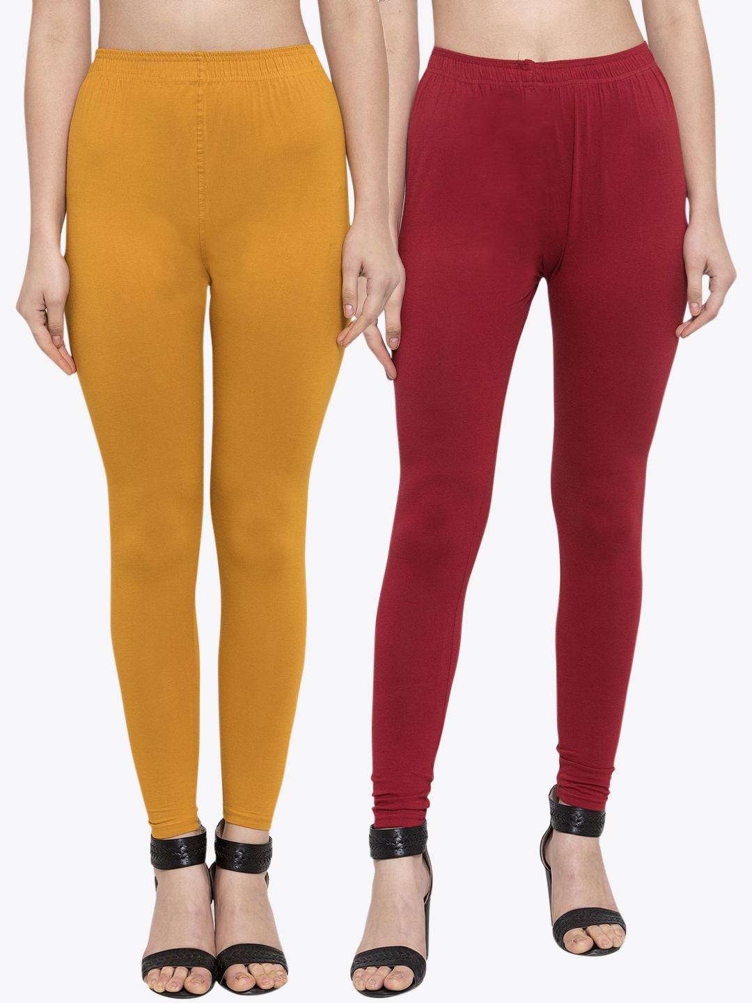 TAG 7 Women Pack Of 2 Mustard Yellow & Maroon Solid Churidar-Length Leggings