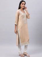 Souchii Beige & shifting sand Thread Work Grandeur & Majestic Artwork Kurta - Distacart