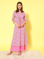 HERE&NOW Women Pink Floral Printed Regular Pure Cotton Kurta with Palazzos