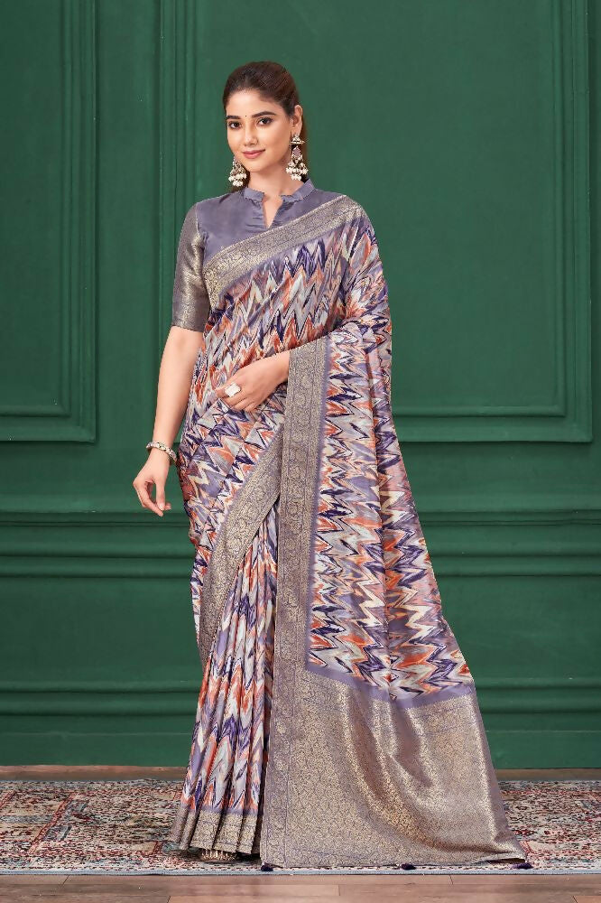 Purple Tussar Silk Jacquard Abstract Digital Print Saree with Unstitched Blouse - Mohira
